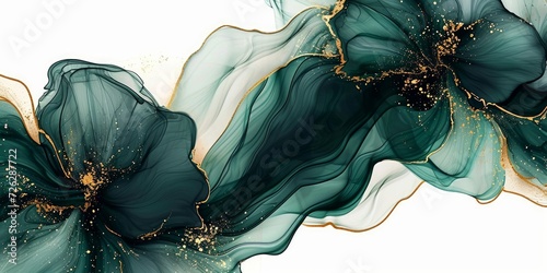 Abstract marbled ink liquid fluid watercolor painting texture banner - Dark greenpetals, blossom flower swirls gold painted lines, isolated on white, Generative AI  photo