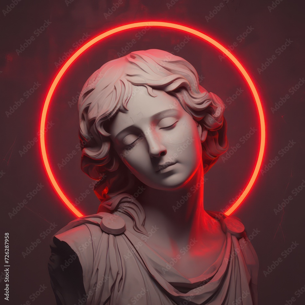 Futuristic illustration of Medusa Gorgon. Ancient Greek statue. Modern cyberpunk digital art