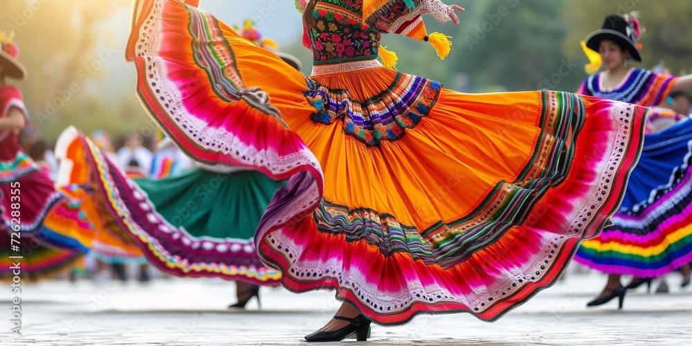 Multi Colored skirts fly during traditional Mexican