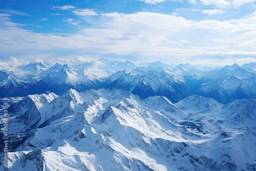 Aerial view of the peaks of snow-capped mountains. Generated by artificial intelligence