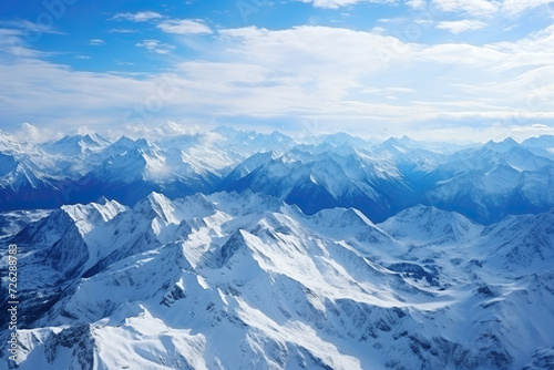 Aerial view of the peaks of snow-capped mountains. Generated by artificial intelligence