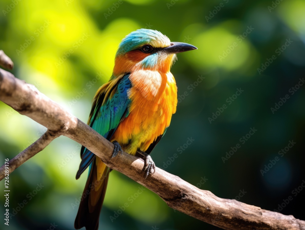 Obraz premium Colourful Male Bird Perched on Tree Branch Outdoors on Sunny Rainforest Day, Showing Beautiful