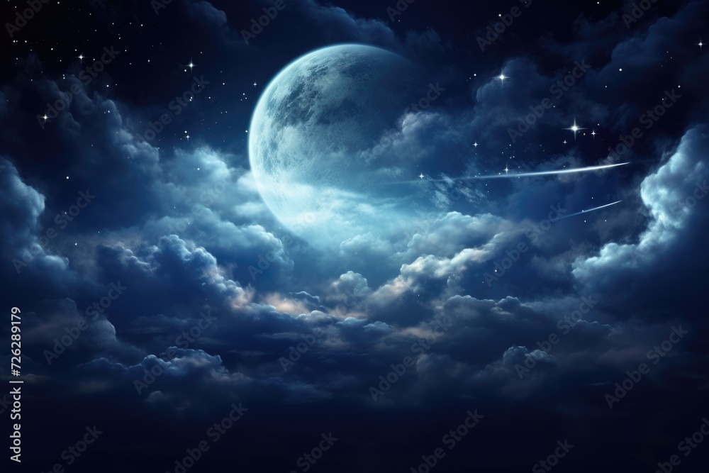 Big Moon Illuminating Blue Sky and Night, Surrounded by Clouds and Stars