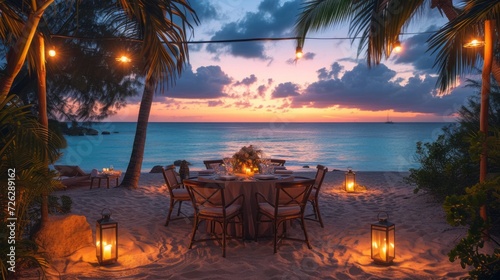 A Table Set up for a romantic meal on the beach with lanterns and chairs and flowers with palms and sky and sea in the background 