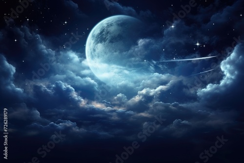 Big Moon Illuminating Blue Sky and Night  Surrounded by Clouds and Stars