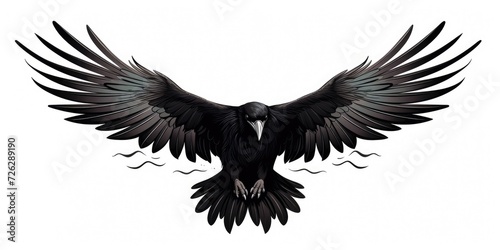Black Raven Takes Flight: A Hand-Drawn Silhouette of a Flying Bird with Feathery Wings on a White photo