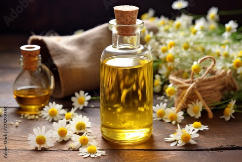 Chamomile essential oil in glass bottle with fresh flowers for beauty treatment and spa concept