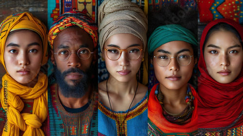 Group of multiracial muslim people in traditional clothes and eyeglasses display of Cultural Fashion and Artistry