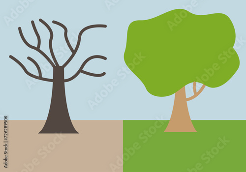 Contraste de paisaje en sequía con árbol en primavera.
