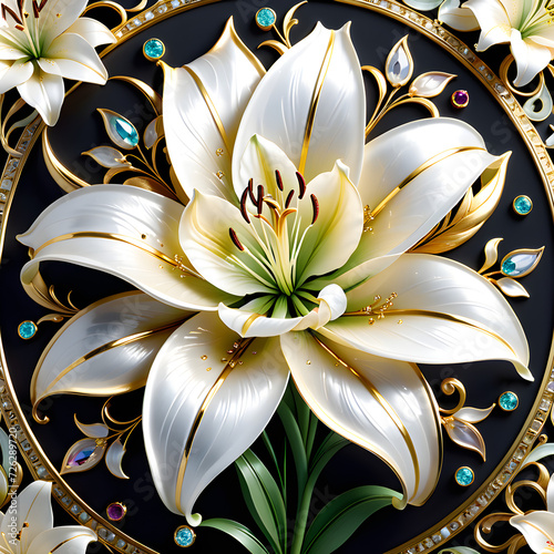 AI prompt: 4K+ graphic of an intricate lily flower with mother-of-pearl, gemstones, and gold, capturing a captivating and enchanting atmosphere.(Generative AI) 
