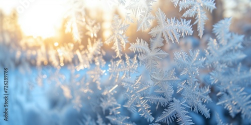 Frosty pattern on a frozen glass. photo