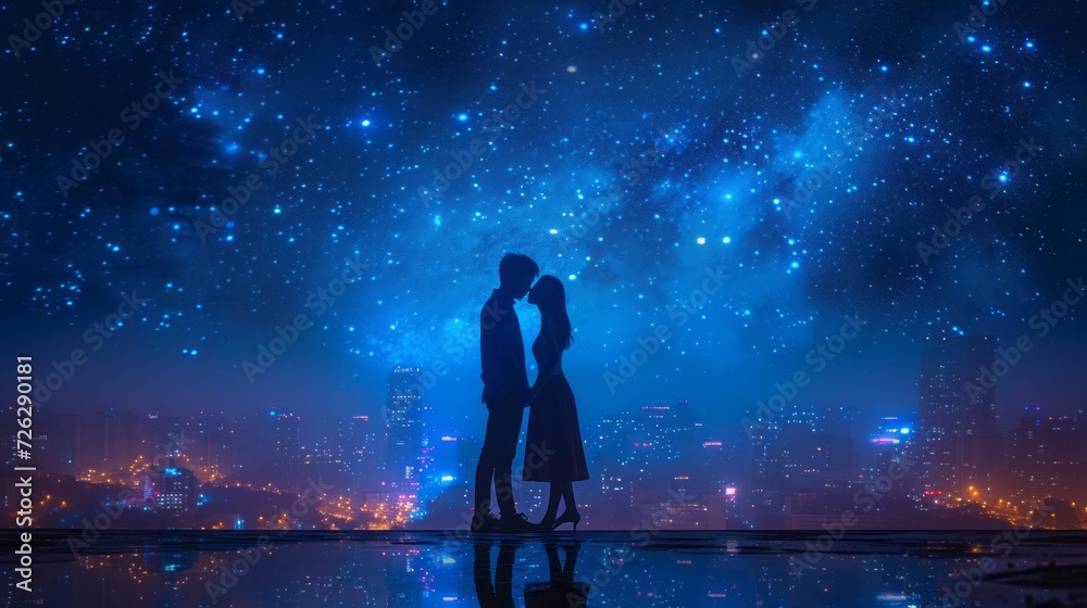 Fototapeta premium Lovers man and girl against background night city, night starry sky and horizon.