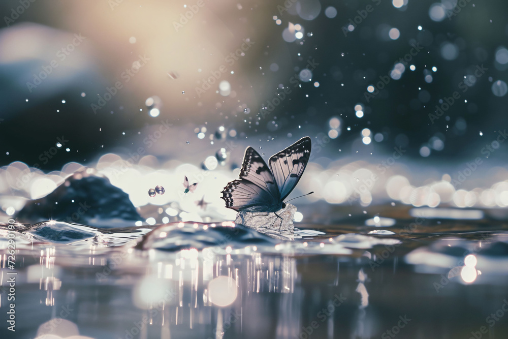 Motyl stykający się z taflą wody, motyl na wodzie - obrazy, fototapety, plakaty 