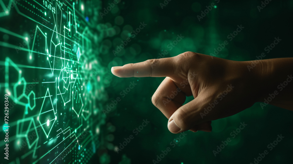 Hand finger pointing at a green technology screen with geometrical abstract shapes, future business technology virtual reality VR augment reality AR interface concept - obrazy, fototapety, plakaty 
