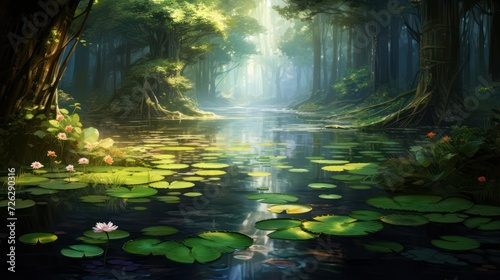 Swamp waters in the middle of a tropical rainforest  with lilies on the calm water.