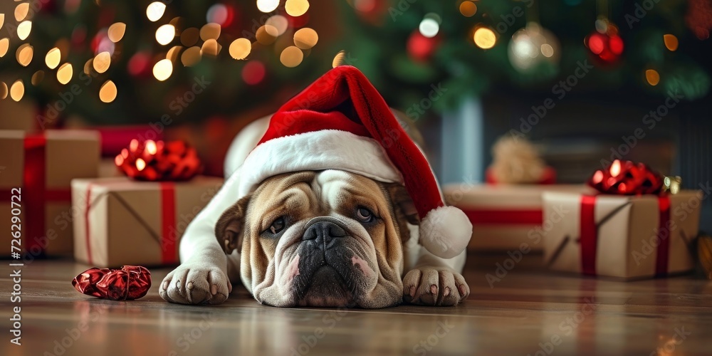 Merry Christmas xmas home animal pet holiday celebration - Funny bulldog dog with santa claus hat lying on the floor, gift boxes and christmas tree in, Generative AI 