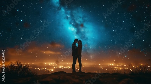 Lovers man and girl against background night city, night starry sky and horizon.