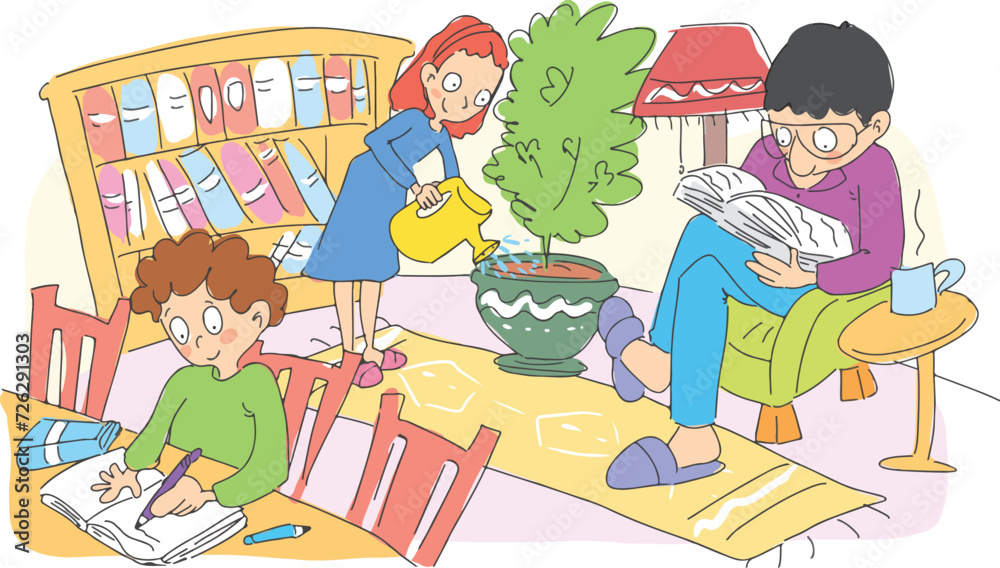 Family in the Living Room: Child Doing Homework, Father Reading Newspaper, Mother Watering Plant. Family in the Living Room: Child Doing Homework, Father Reading Newspaper, Mother Watering Plant.