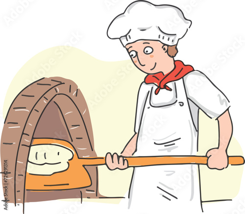 The baker takes out the bread with a shovel. Baker baking bread.