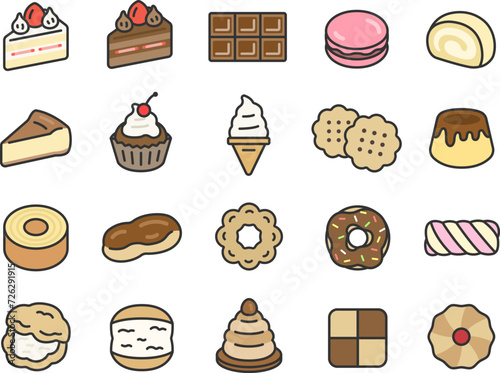 スイーツのアイコン（線画カラー）のイラストセット