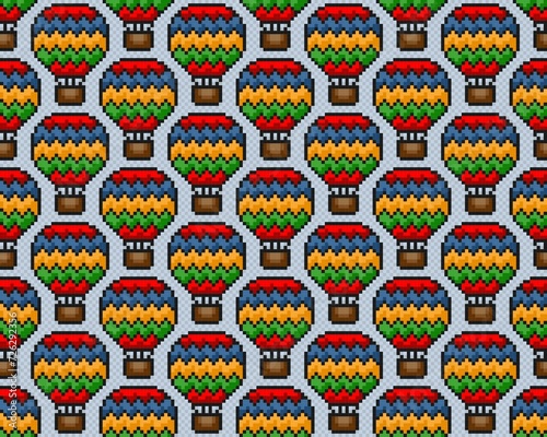 Seamless background with pixel hot air balloon.