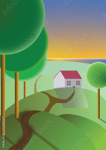 landscape illustration of house and trees