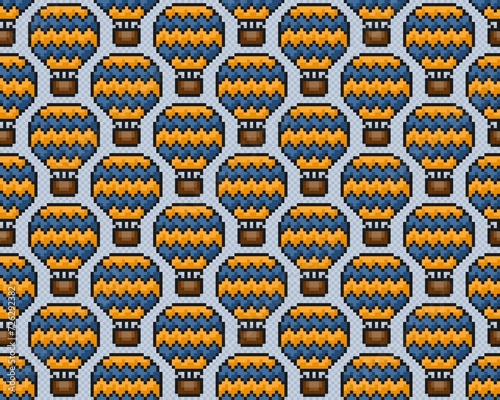 Seamless background with pixel hot air balloon.