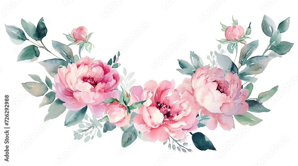 Pink peony flower spring blooming watercolor with leafs wreath