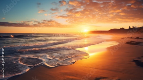 Landscape beach, clean and clear wave sea, Sunset golden light sky scene.