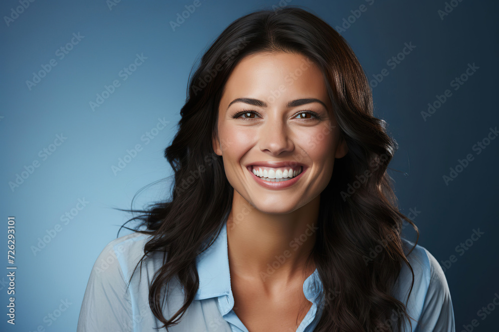 smiling woman in her 30s in light blue shirt portrait photography business shot, Generative AI smiling woman in her 30s in light blue shirt portrait photography business shot, Generative AI