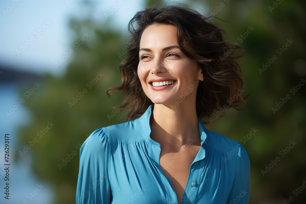woman in her 30s and blue shirt smiling photography, Generative AI woman in her 30s and blue shirt smiling photography, Generative AI