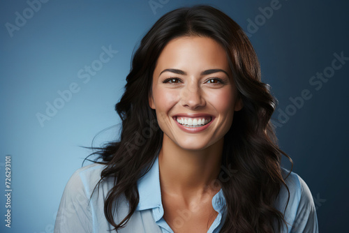 smiling woman in her 30s in light blue shirt portrait photography business shot, Generative AI
