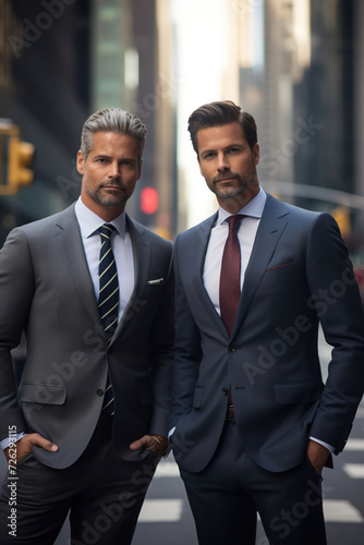 two business man on the streets of Manhattan dressed in suits photography, Generative AI