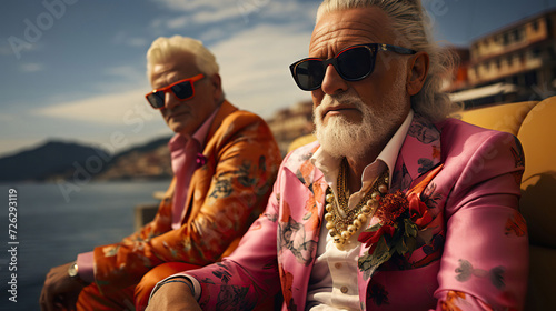 two rich old men on a boat dressed in colored clothes photography, Generative AI