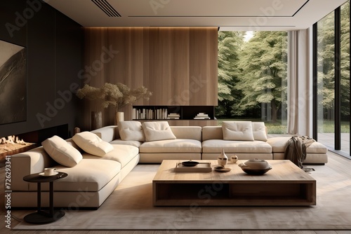 Serene living room, light walls and floors. Natural light through expansive windows
