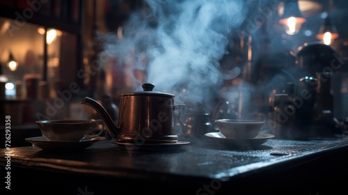 A cup of smoking hot coffee served with a saucer on a wooden table, cafe restaurant atmosphere at night.