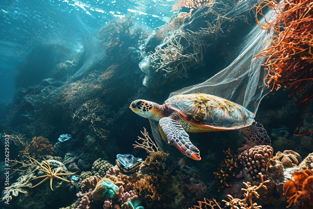 Marine life entangled or harmed by plastic waste in an underwater ...