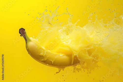 Fresh banana falling in juice. Yellow Background