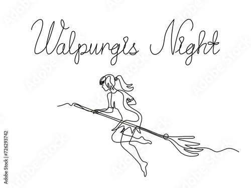 Walpurgis night.Abstract witch is flying on a broomstickand and inscription.continuous single line art hand drawing sketch.