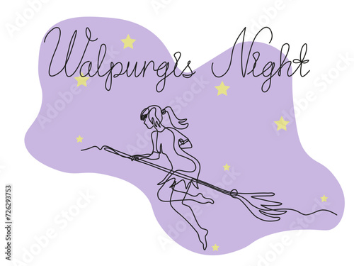Walpurgis night.Abstract witch is flying on a broomstickand and inscription.continuous single line art hand drawing sketch.