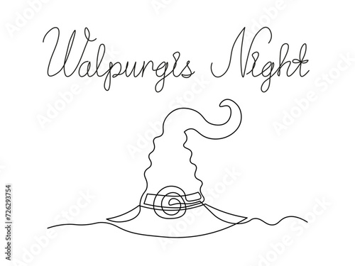 Walpurgis night.Abstract hat of witch and inscription.continuous one line art hand drawing sketch.