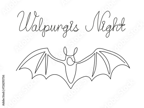 Walpurgis night.Abstract bat and inscription.continuous one line art hand drawing sketch.