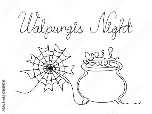 Walpurgis night.Abstract cobwebs and a pot of potion and inscription.continuous one line art hand drawing sketch.