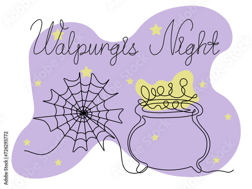 Walpurgis night.Abstract cobwebs and a pot of potion and inscription.continuous one line art hand drawing sketch.