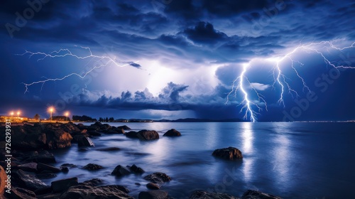 View of a thunderstorm raining in a dark sky, with reflected images in the water beach sea.