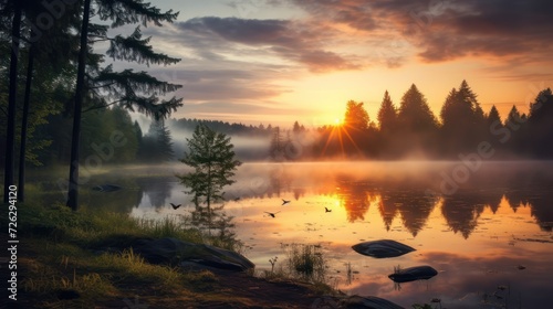 Morning view of sunrise in pine forest with reflection of calm lake waters.