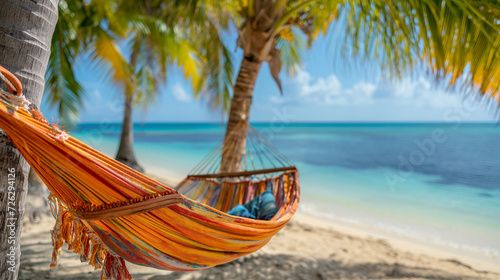 A colorful hammock under palm trees, with a view of the turquoise ocean. © Nim