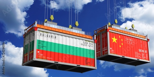 Shipping containers with flags of Bulgaria and China - 3D illustration
