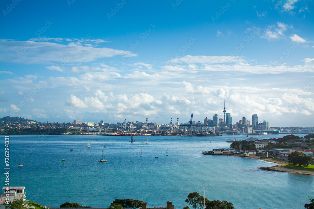 Looking over Auckland Harbour and a skyline of Auckland CBD from a historical suburb of Devonport. North Island, New Zealand