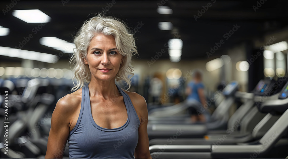 Elderly woman in the gym. AI